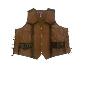 MOB Genuine Leather Biker Vest Button Lace Brown size 2X